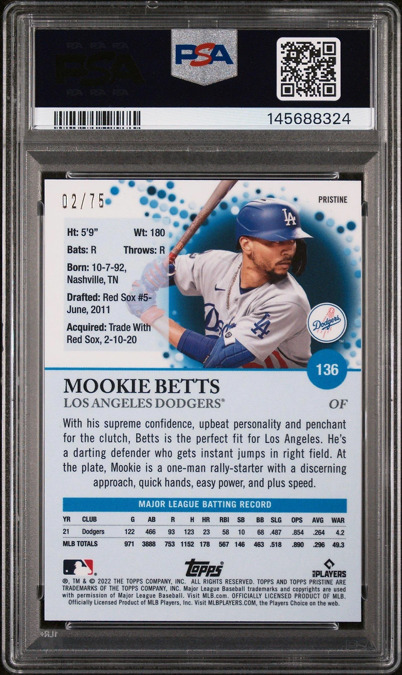 2022 Topps Pristine 136 Mookie Betts Pristine Blue Refractor PSA 10