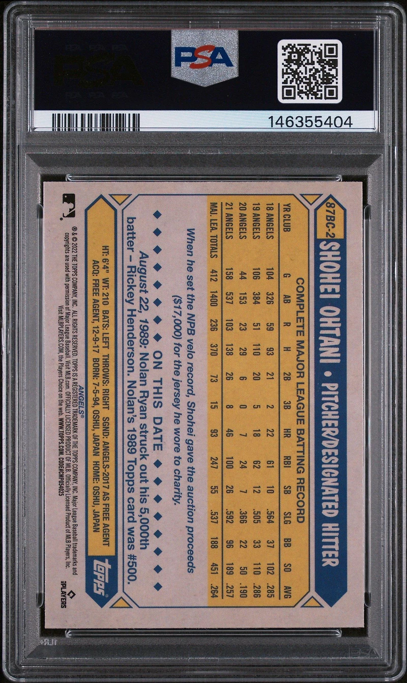 2022 Topps Chrome 1987 Topps Baseball 87bc2 Shohei Ohtani PSA 9