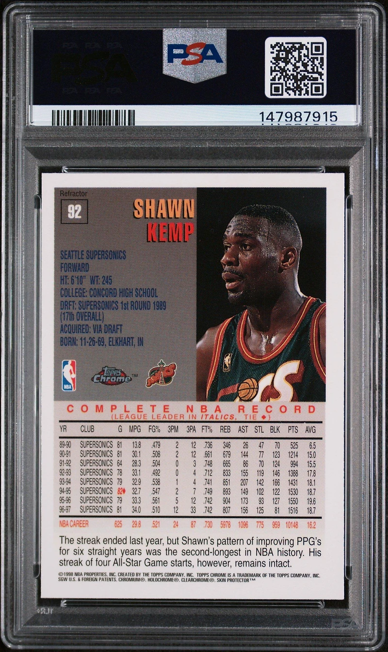 1997 Topps Chrome 92 Shawn Kemp Refractor PSA 8