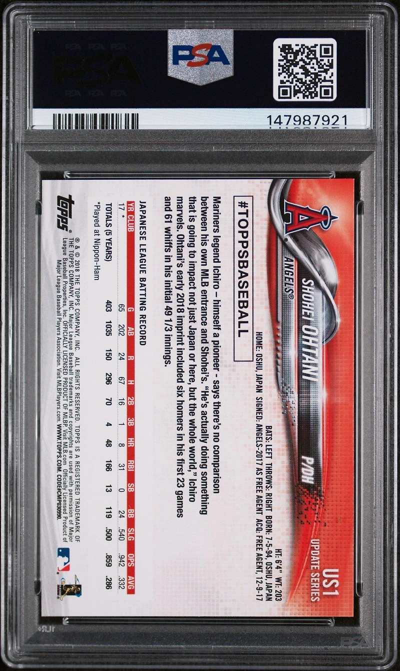 2018 Topps Update Us1 Shohei Ohtani PSA