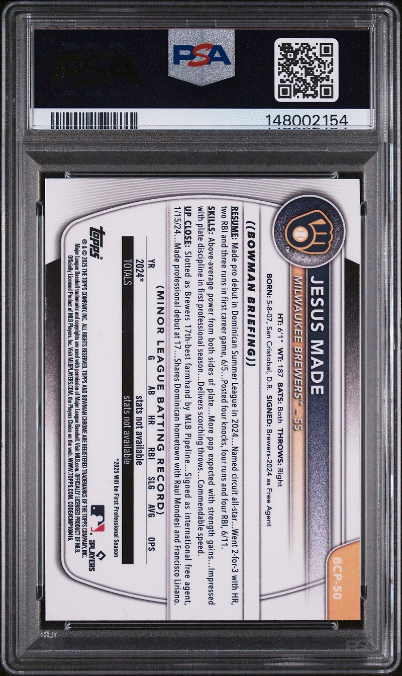 2025 Bowman Chrome Prospects Bcp50 Jesus Made Reptilian Refractor PSA 10