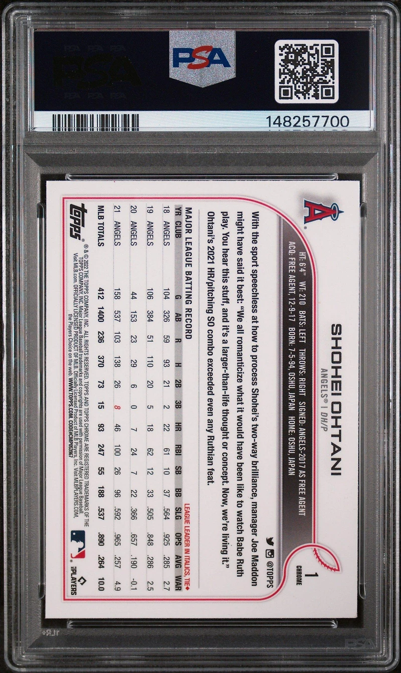 2022 Topps Chrome 1 Shohei Ohtani Pink Refractor PSA 9