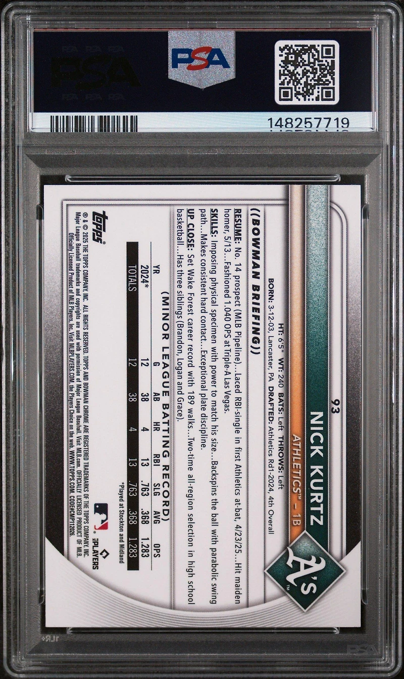 2025 Bowman Chrome 93 Nick Kurtz PSA 9