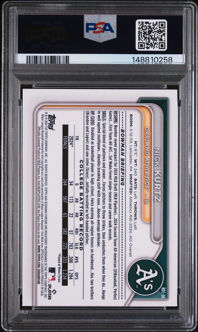 2024 Bowman Draft Bdc56 Nick Kurtz Chrome PSA 9
