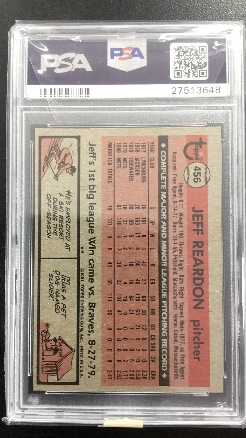 1981 Topps 456 Jeff Reardon PSA 9