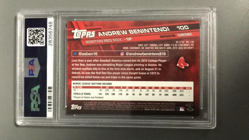 2017 Topps Chrome 100 Andrew Benintendi White Jersey-x-fractor PSA 10