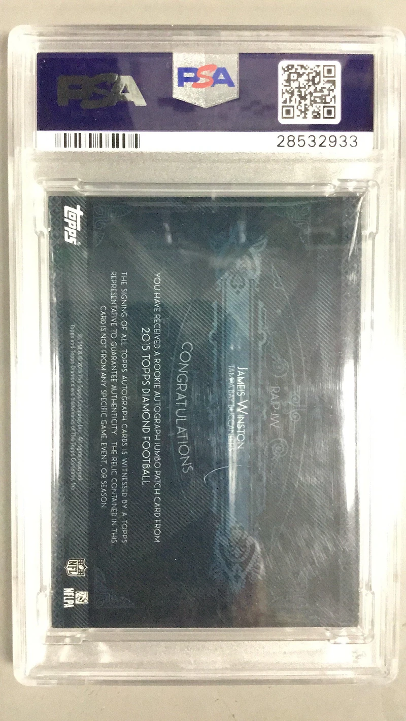2015 Topps Diamond Rookie Autograph Jumbo Patch Jw Jameis Winston Blue Ink PSA 9