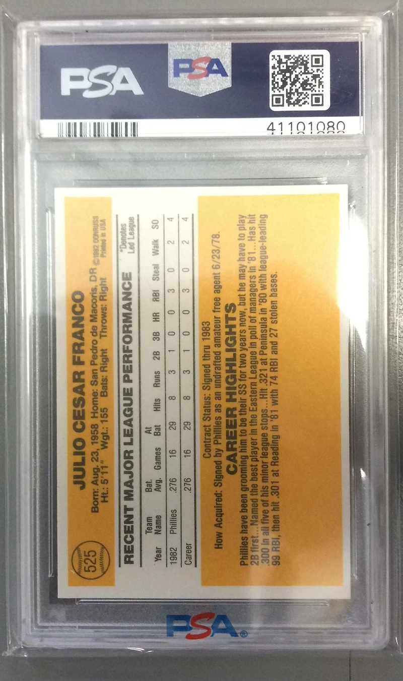 1983 Donruss 525 Julio Franco PSA 10