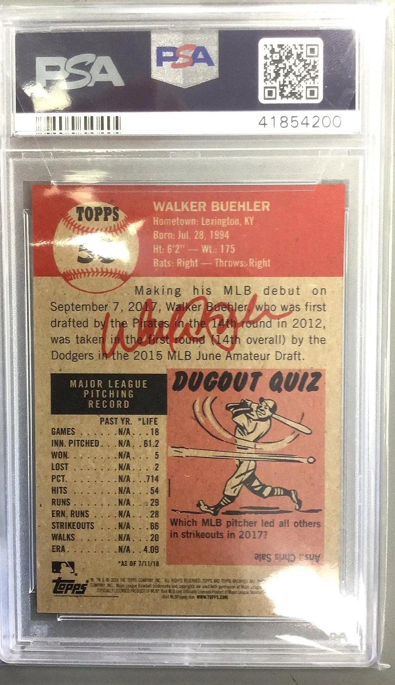 2018 Topps Living 53 Walker Buehler PSA 10