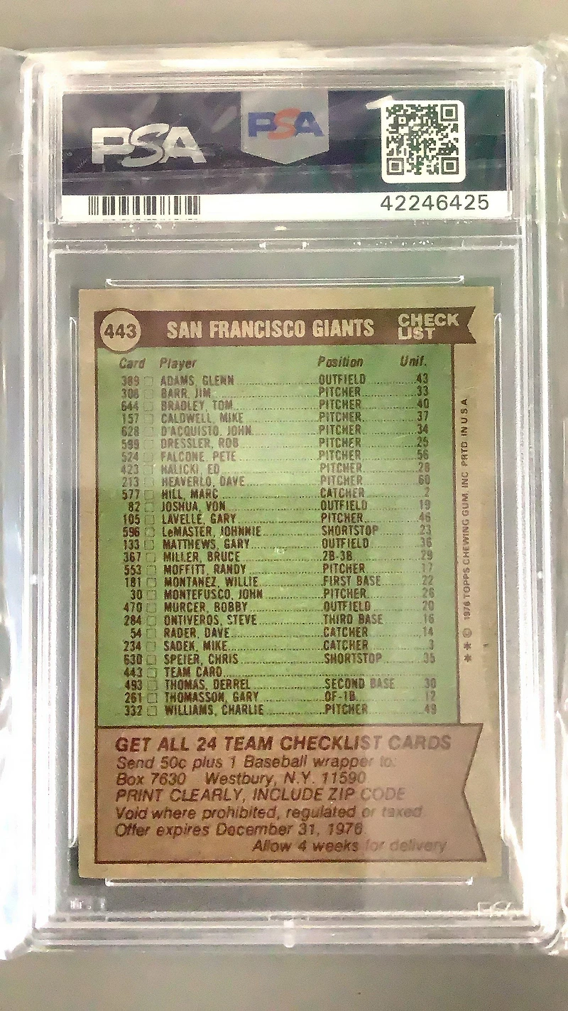 1976 Topps 443 Giants Team PSA 10