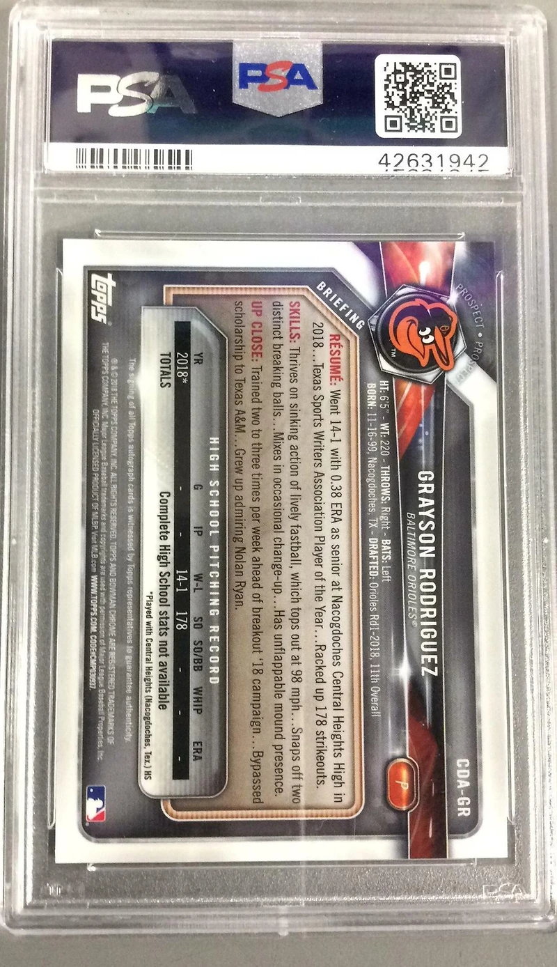 2018 Bowman Draft Chrome Draft Picks Autographs Cdagr Grayson Rodriguez Blue Wave Refractor PSA 10