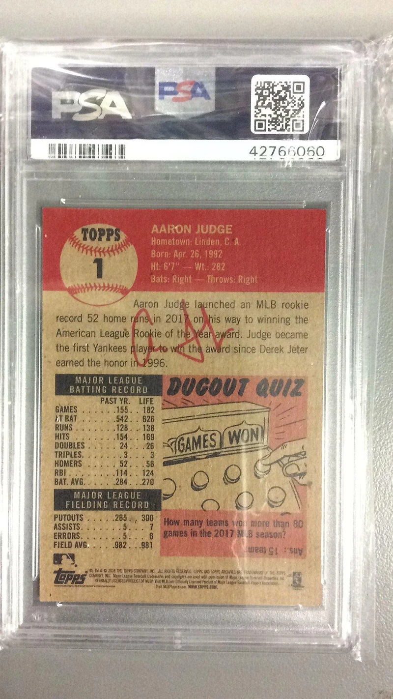 2018 Topps Living 1 Aaron Judge PSA 10