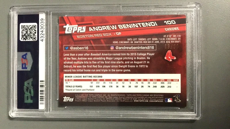 2017 Topps Chrome 100 Andrew Benintendi White Jersey-gold Refractor PSA 9