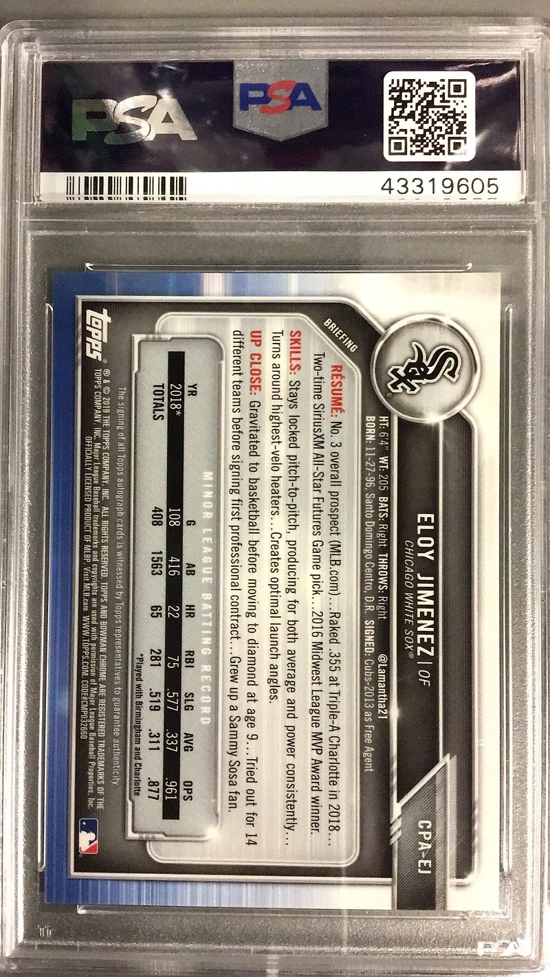 2019 Bowman Prospect Autographs Chrome Ej Eloy Jimenez Green Refractor PSA 10