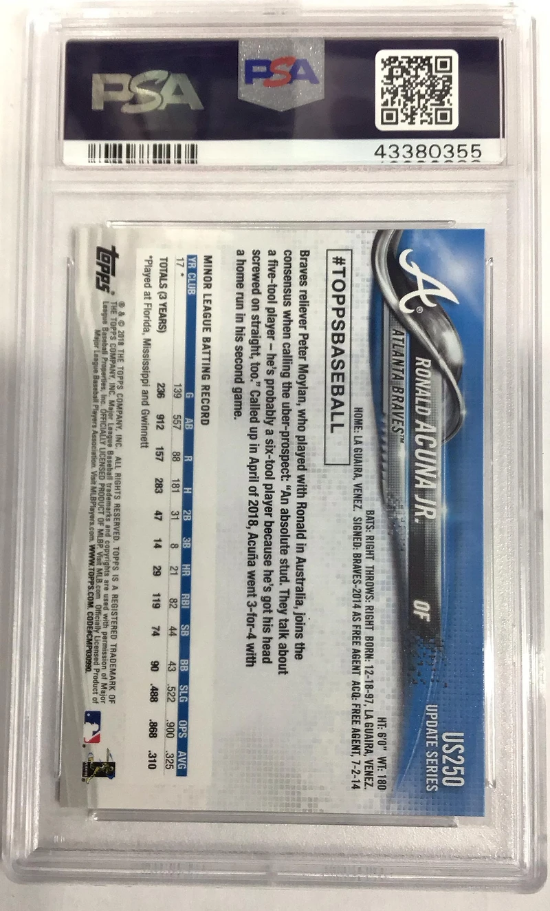 2018 Topps Update Us250 Ronald Acuna Jr. At-bat In Blue Jersey PSA 10
