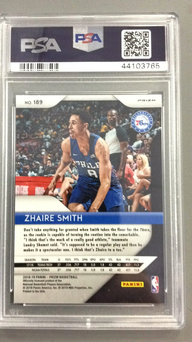 2018 Panini Prizm 189 Zhaire Smith Silver Prizm PSA 9