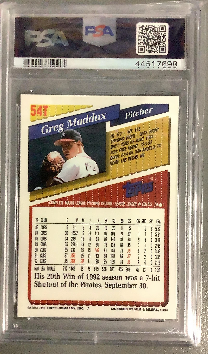 1993 Topps Traded 54t Greg Maddux PSA