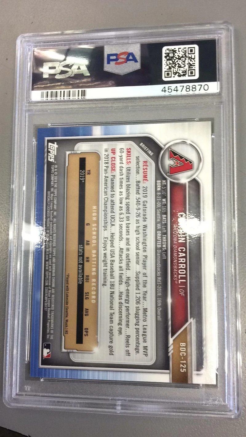 2019 Bowman Draft Bdc125 Corbin Carroll Chrome PSA 10