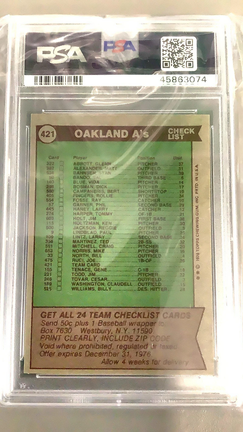 1976 Topps 421 A's Team PSA 8