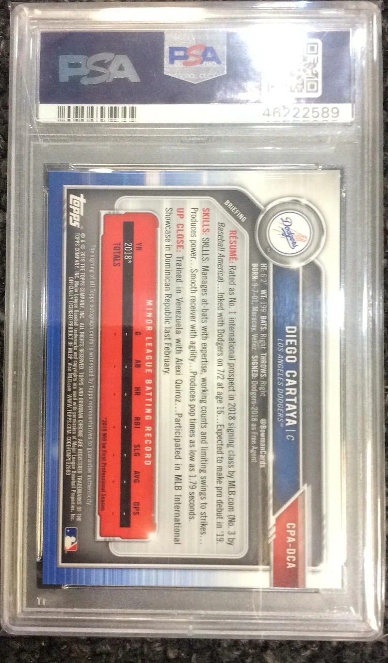 2019 Bowman Prospect Autographs Chrome Dca Diego Cartaya PSA 10