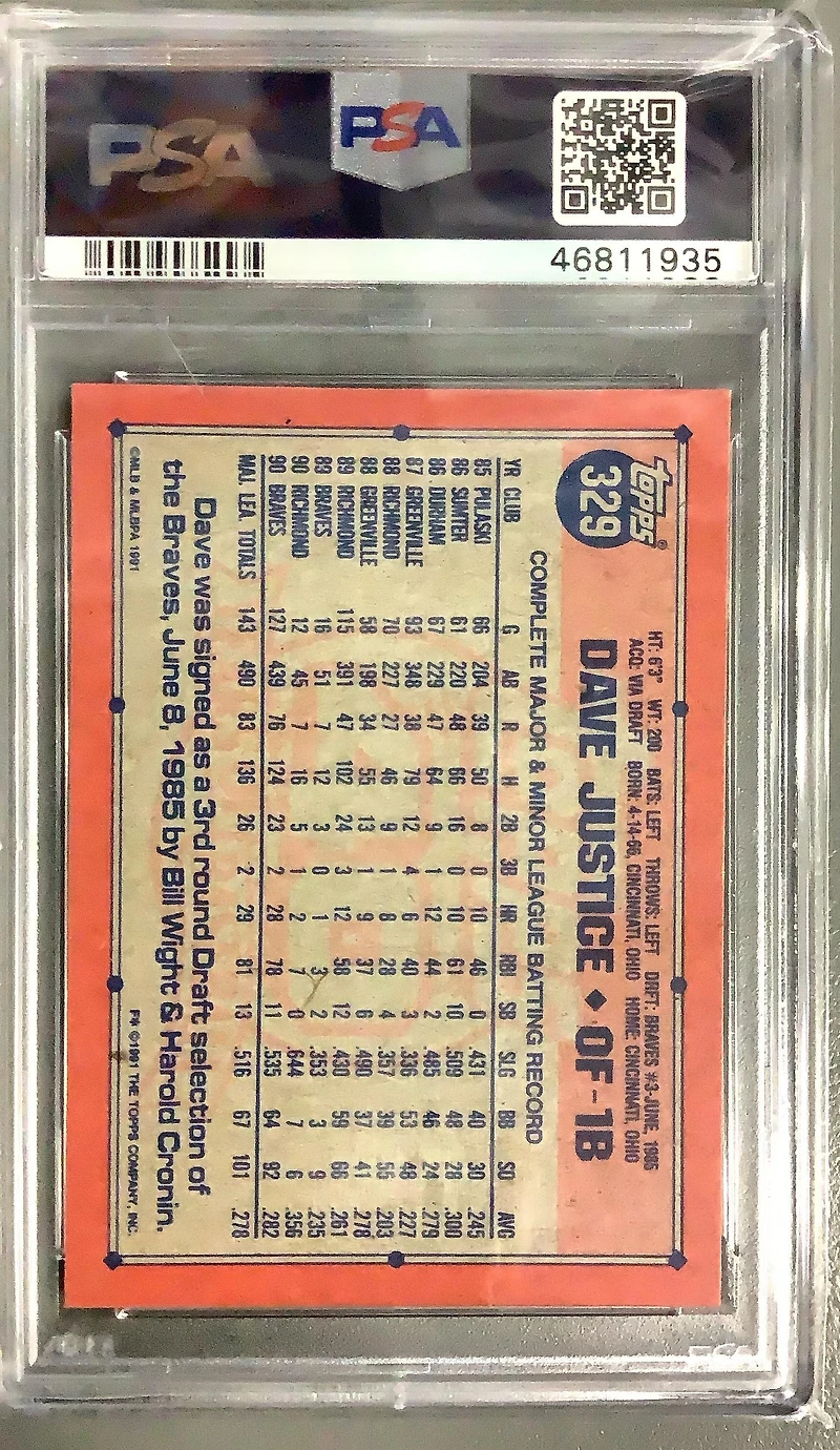 1991 Topps 329 Dave Justice PSA 9