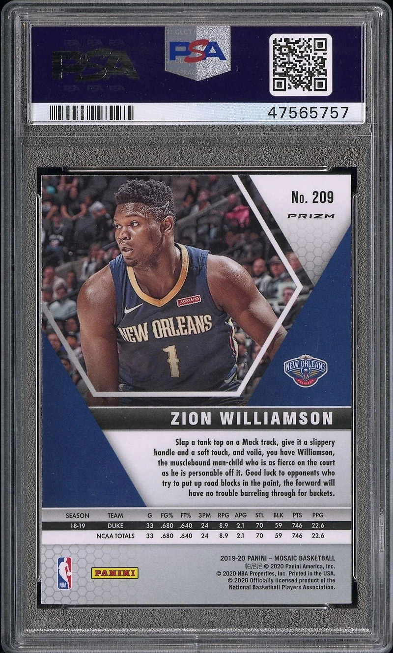 2019 Panini Mosaic 209 Zion Williamson Silver Prizm PSA 10