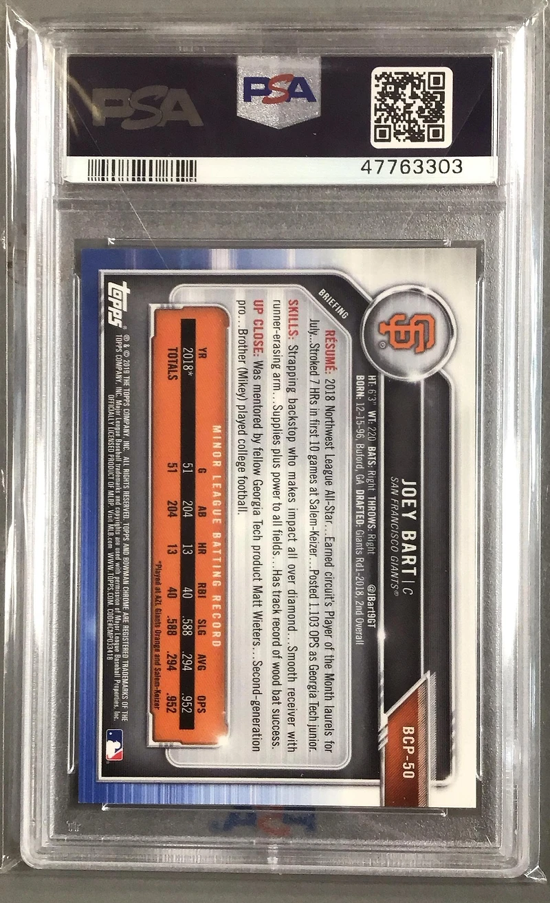 2019 Bowman Mega Box Chrome 50 Joey Bart Orange Jersey-green Refractor PSA 9