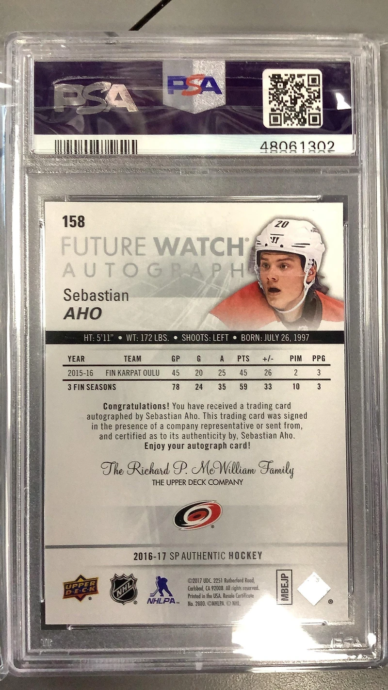 2016 Sp Authentic 158 Sebastian Aho Autograph PSA 10
