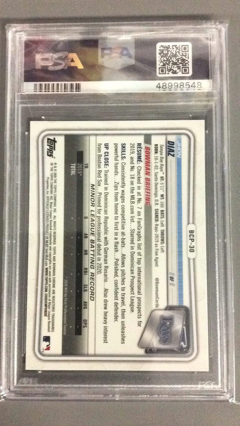 2020 Bowman Chrome Prospects Bcp30 Jhon Diaz PSA