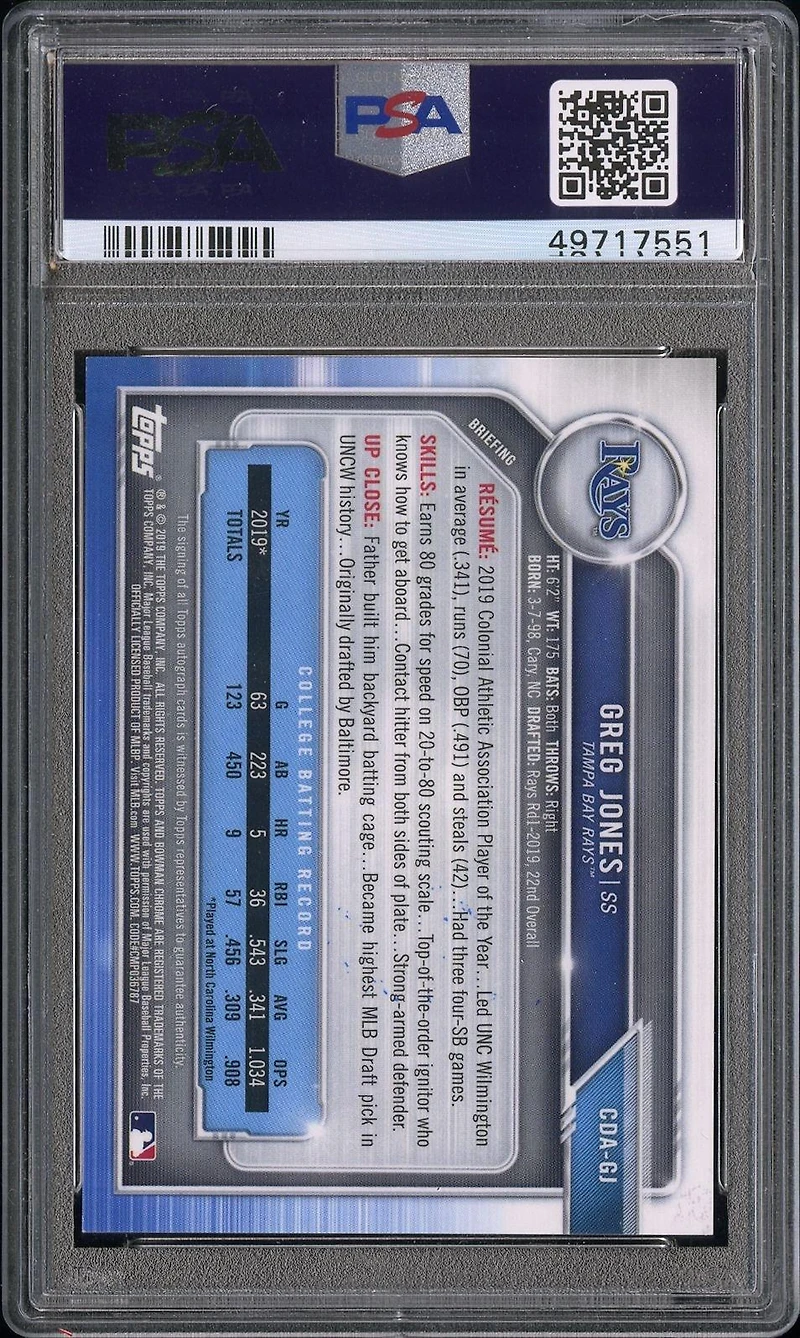 2019 Bowman Draft Chrome Draft Picks Autograph Cdagj Greg Jones Gold Refractor PSA 9