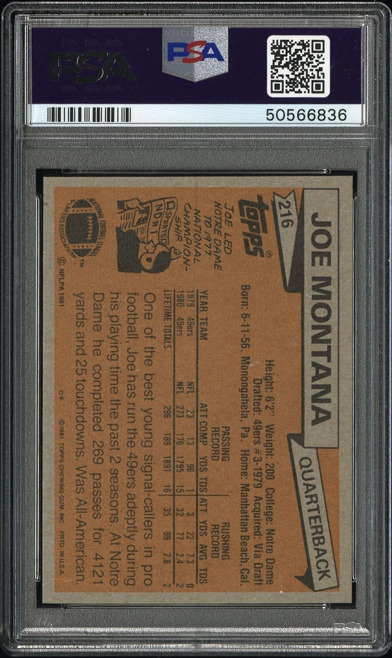 1981 Topps 216 Joe Montana PSA 8