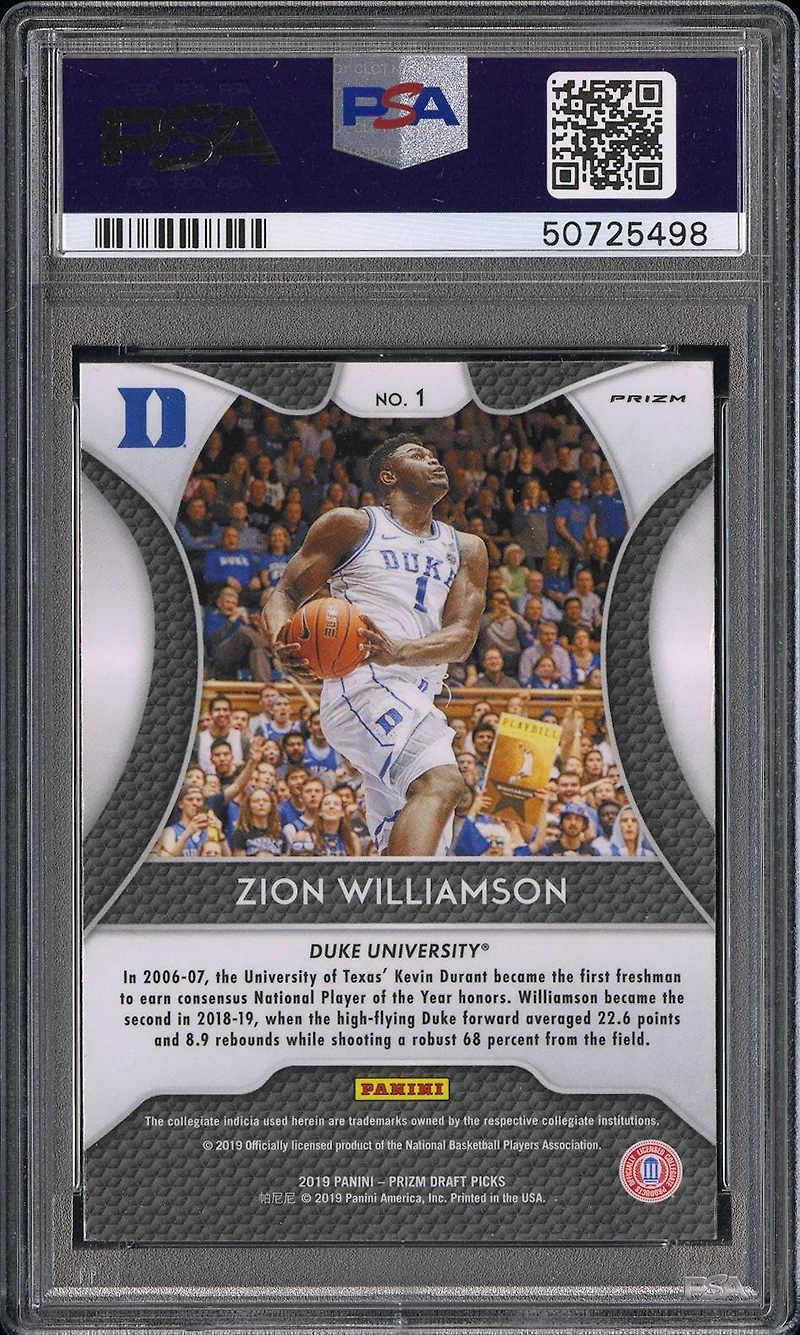 2019 Panini Prizm Draft Picks 1 Zion Williamson White Sparkle Prizm PSA 10