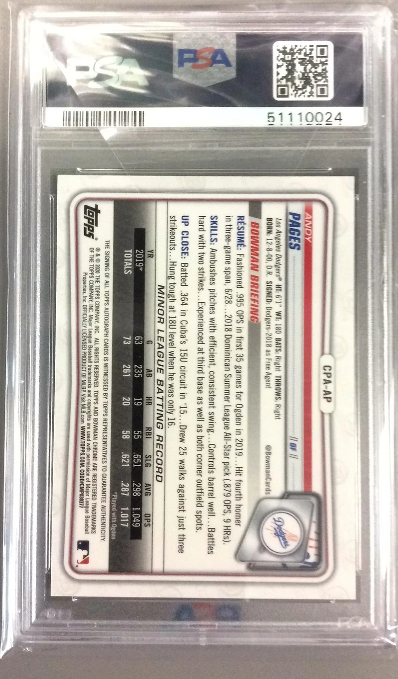 2020 Bowman Chrome Prospect Autographs Cpaap Andy Pages PSA