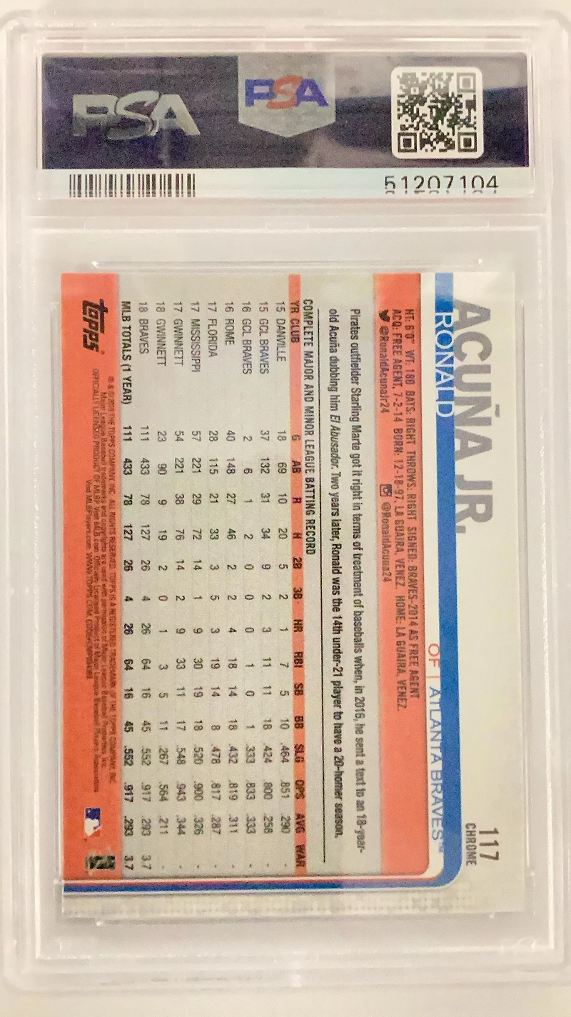 2019 Topps Chrome 117 Ronald Acuna Jr. Batting PSA 10