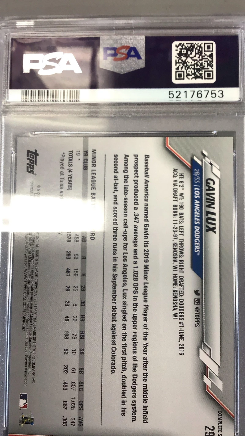 2020 Topps Complete Set 292 Gavin Lux PSA 9