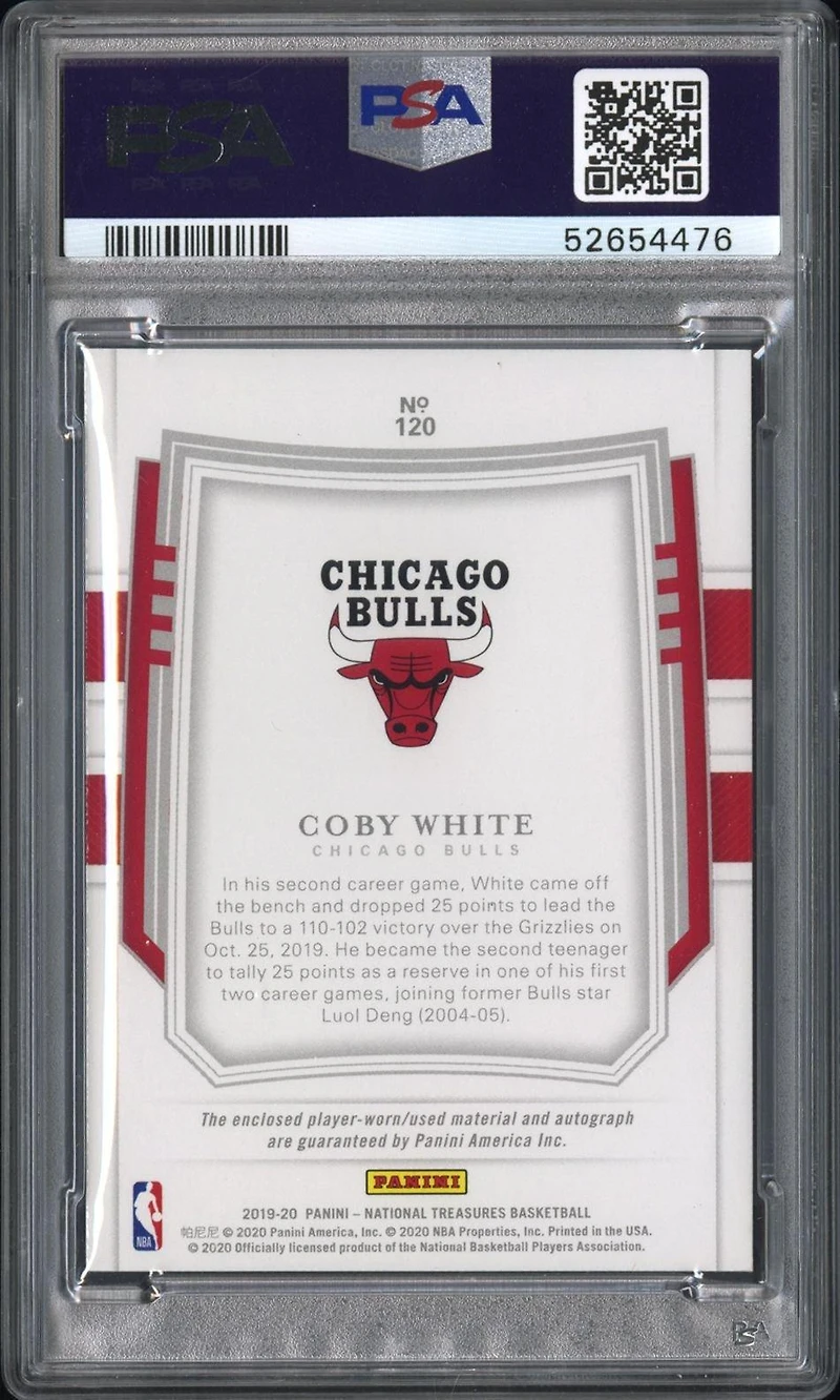 2019 Panini National Treasures 120 Coby White Patch Autograph PSA 9