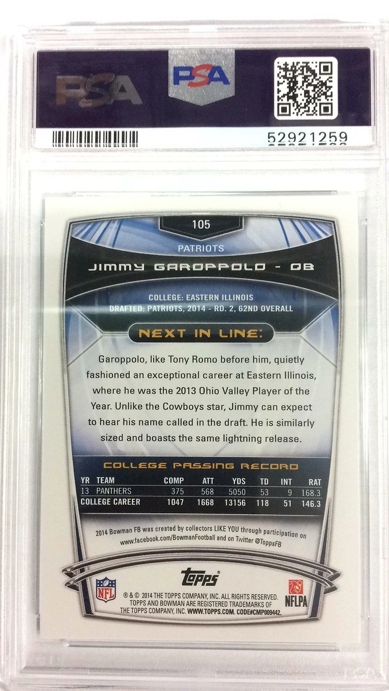 2014 Bowman Rookies 105 Jimmy Garoppolo Silver Ice PSA 10