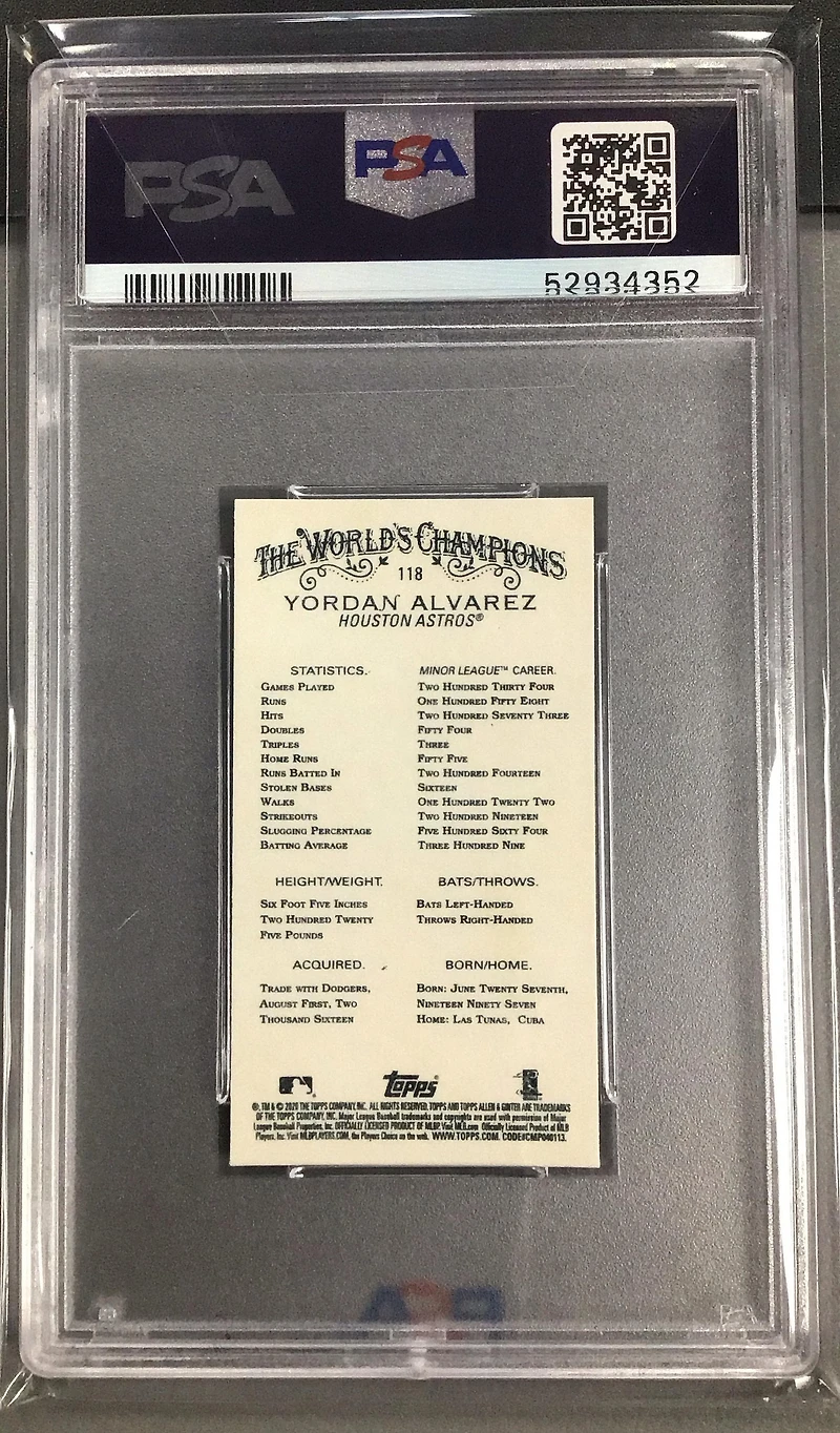 2020 Topps Allen & Ginter 118 Yordan Alvarez Mini PSA 10
