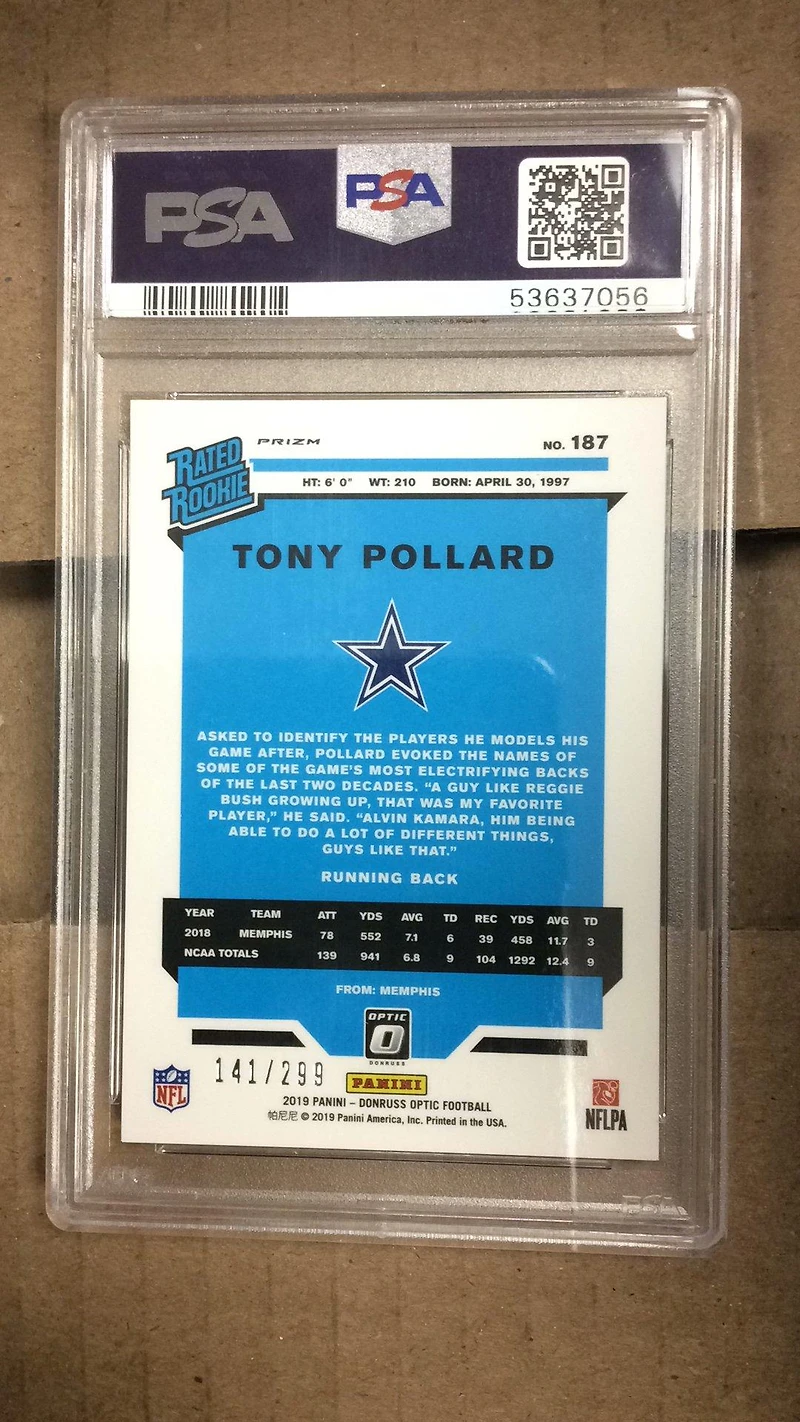 2019 Panini Donruss Optic 187 Tony Pollard Aqua PSA 9