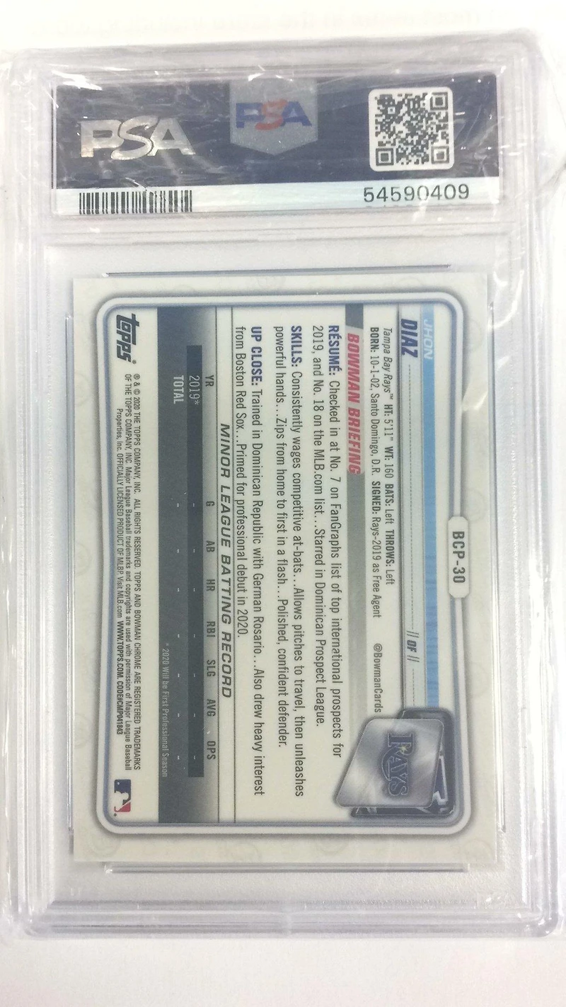 2020 Bowman Chrome Sapphire Edition Bcp30 Jhon Diaz PSA 9