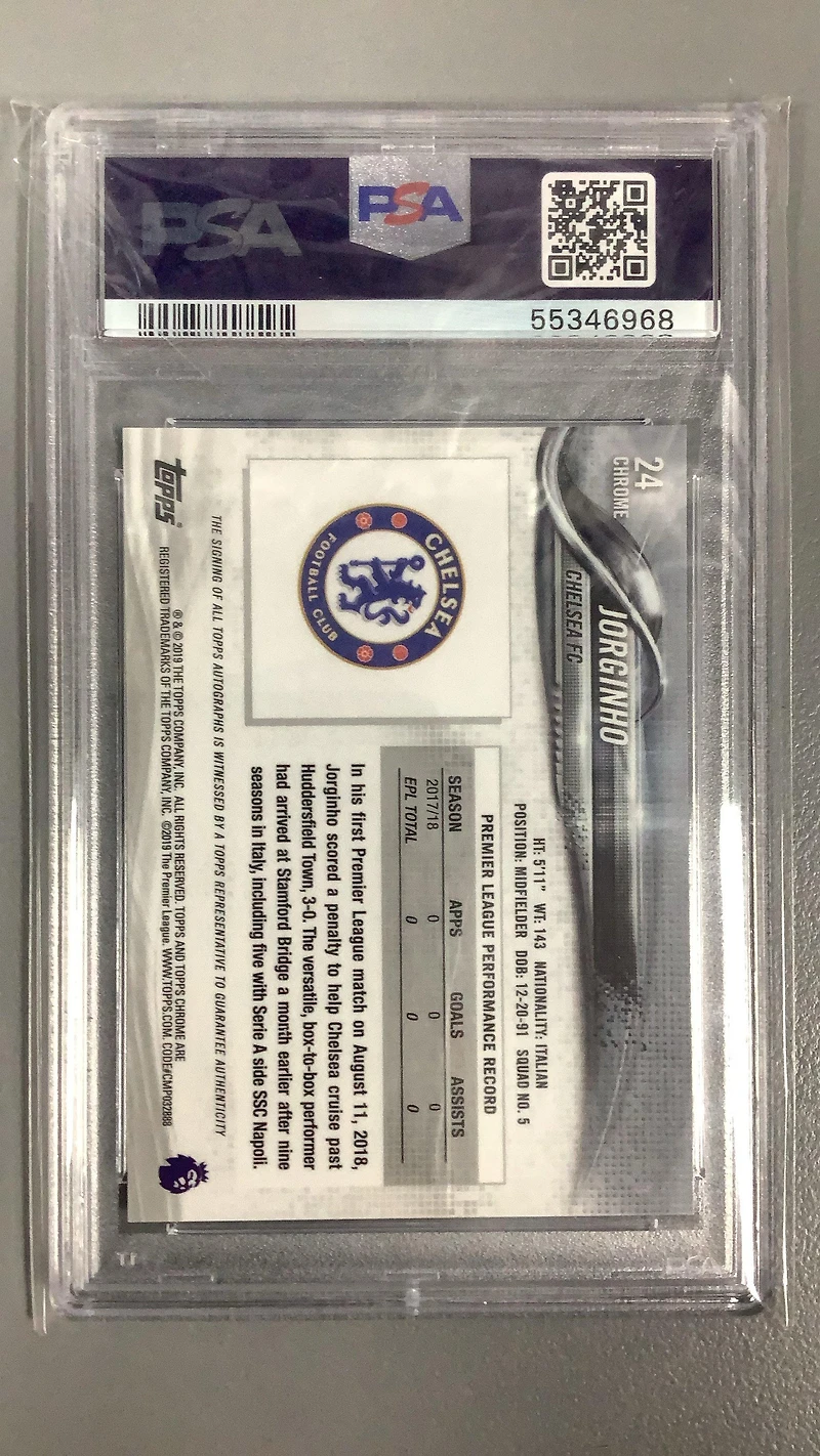 2018 Topps Chrome Premier League 24 Jorginho Autograph PSA 10