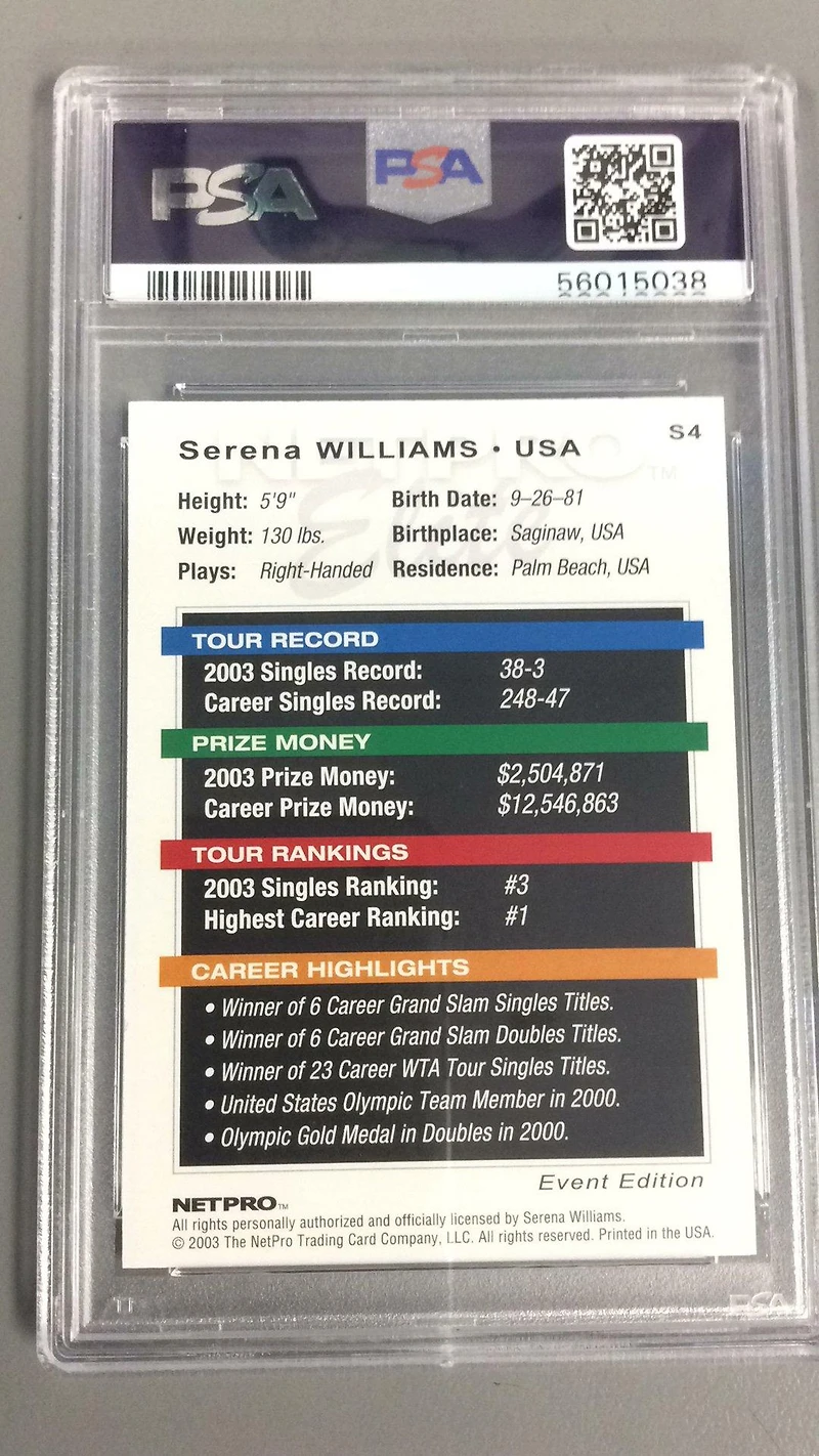 2003 Netpro Elite S4 Serena Williams Event Starter PSA 10