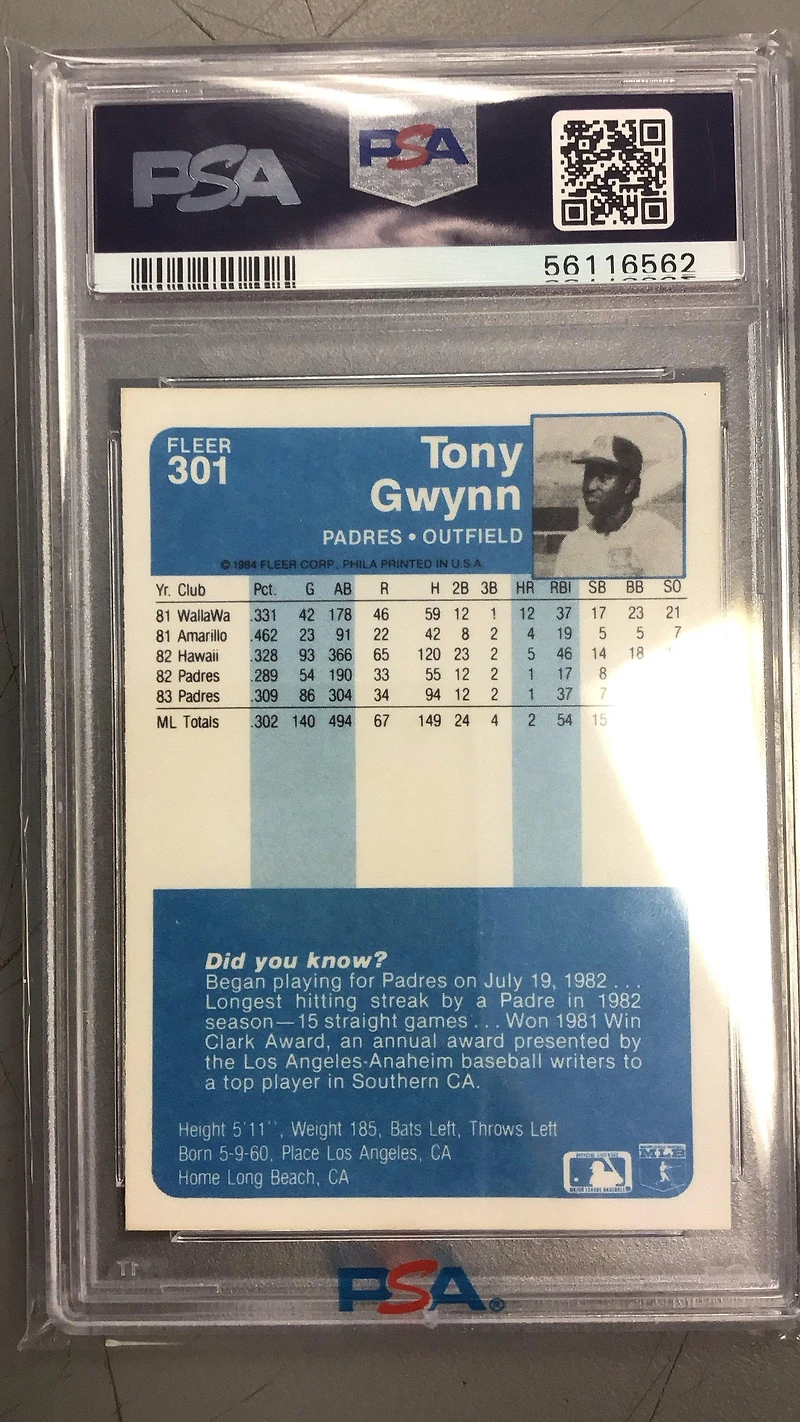 1984 Fleer 301 Tony Gwynn PSA 9