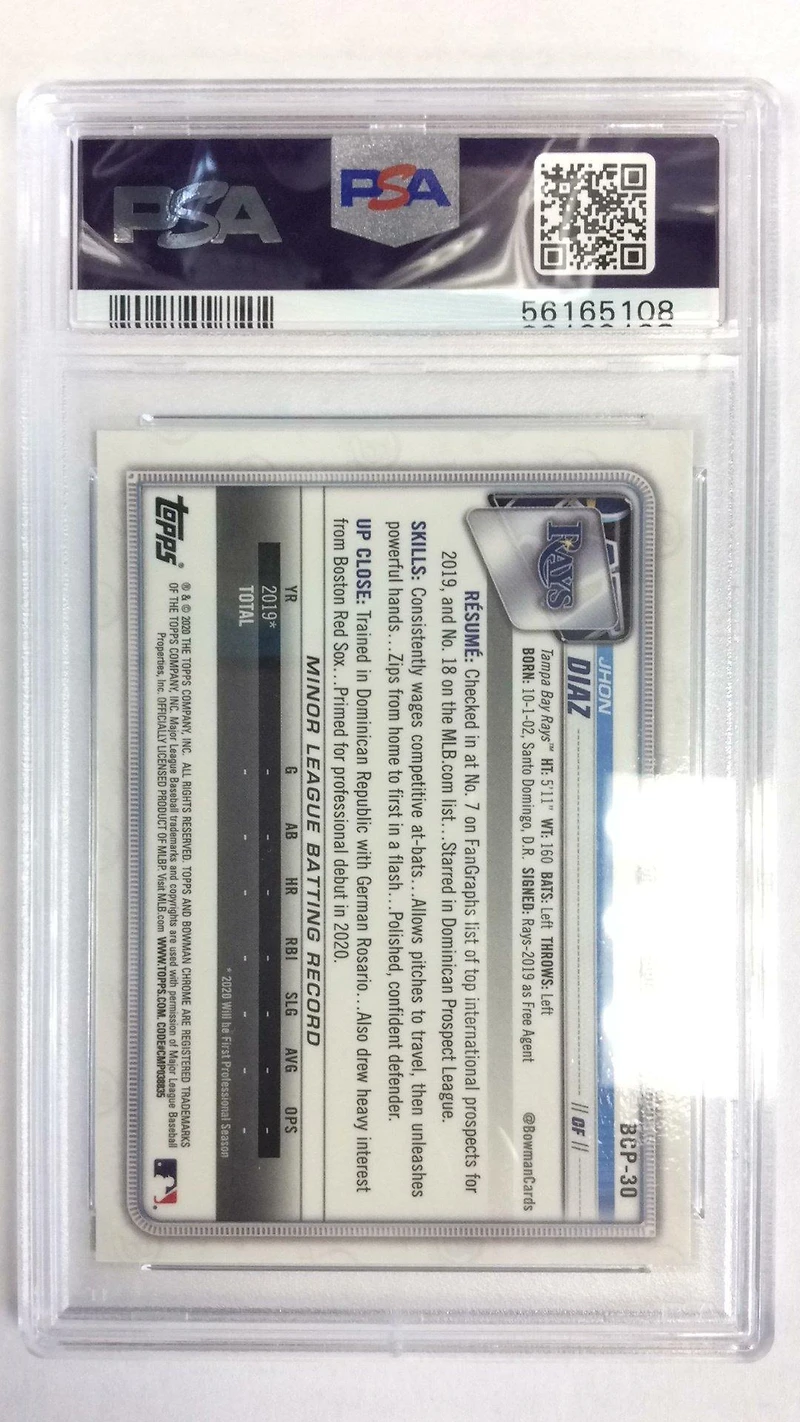 2020 Bowman Chrome Mega Box Bcp30 Jhon Diaz PSA 9