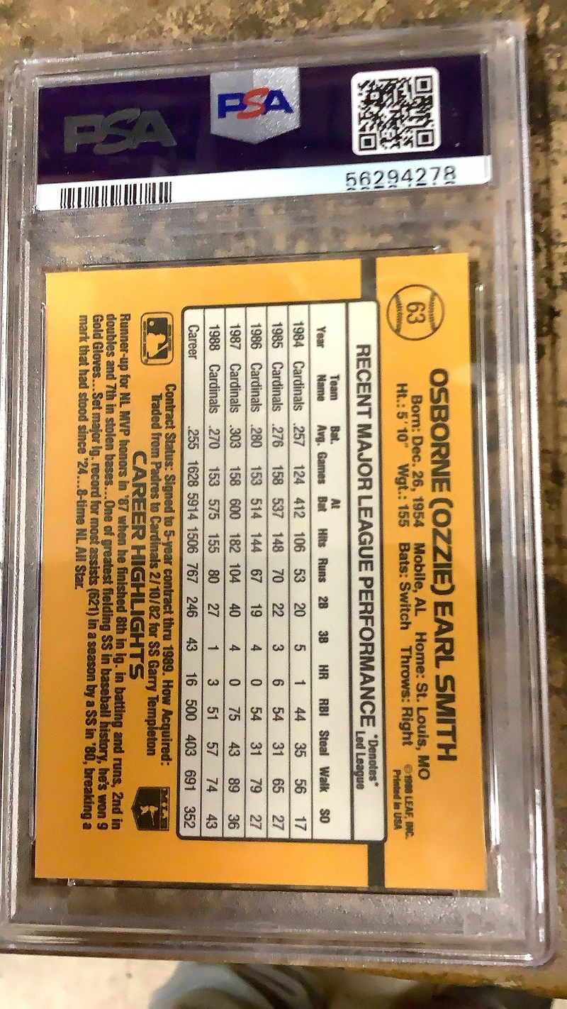 1989 Donruss 63 Ozzie Smith PSA 10