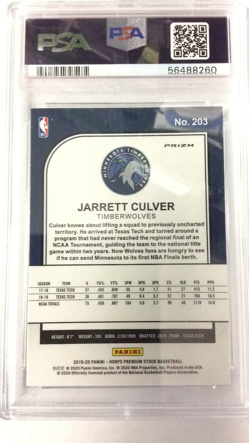 2019 Panini Hoops Premium Stock 203 Jarrett Culver Silver Prizm PSA 10