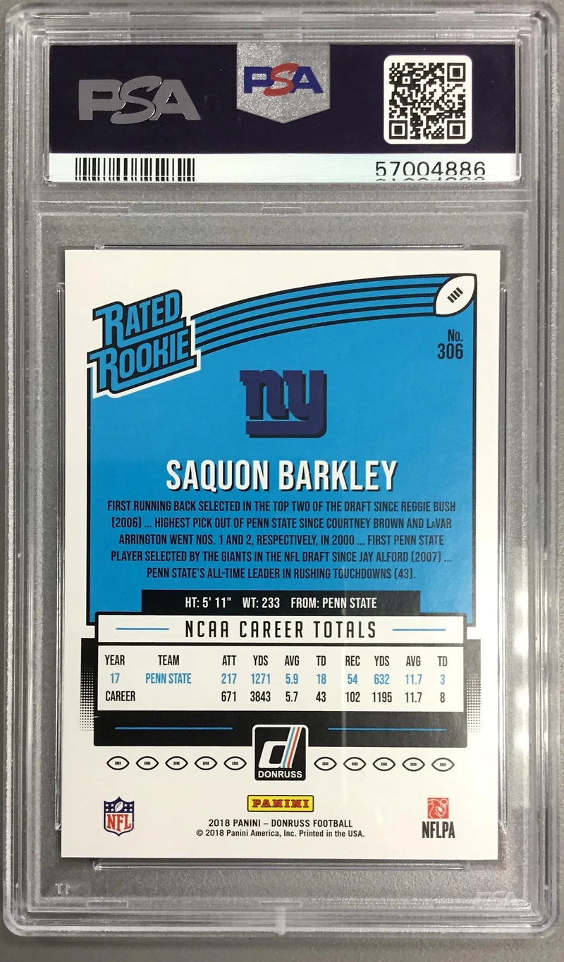 2018 Panini Donruss 306 Saquon Barkley Blue Press Proof PSA 10