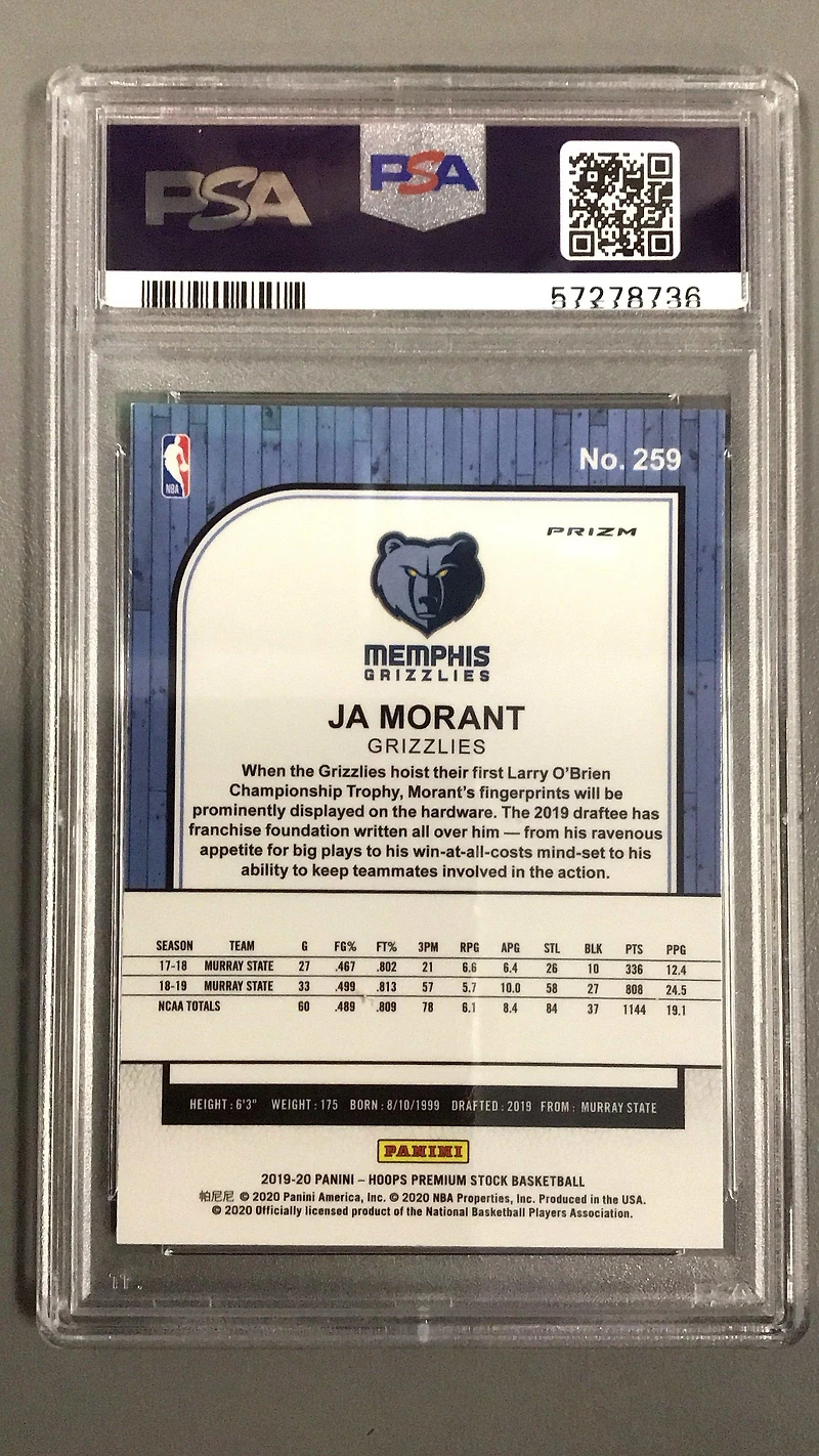 2019 Panini Hoops Premium Stock 259 Ja Morant Green Prizm PSA