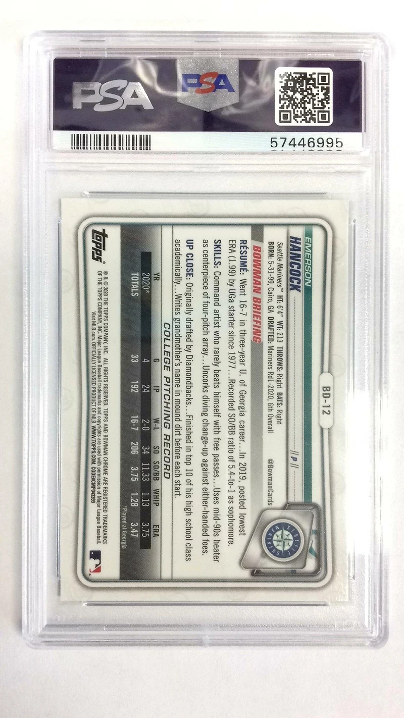 2020 Bowman Draft Chrome Sapphire Edition Bd12 Emerson Hancock PSA 8