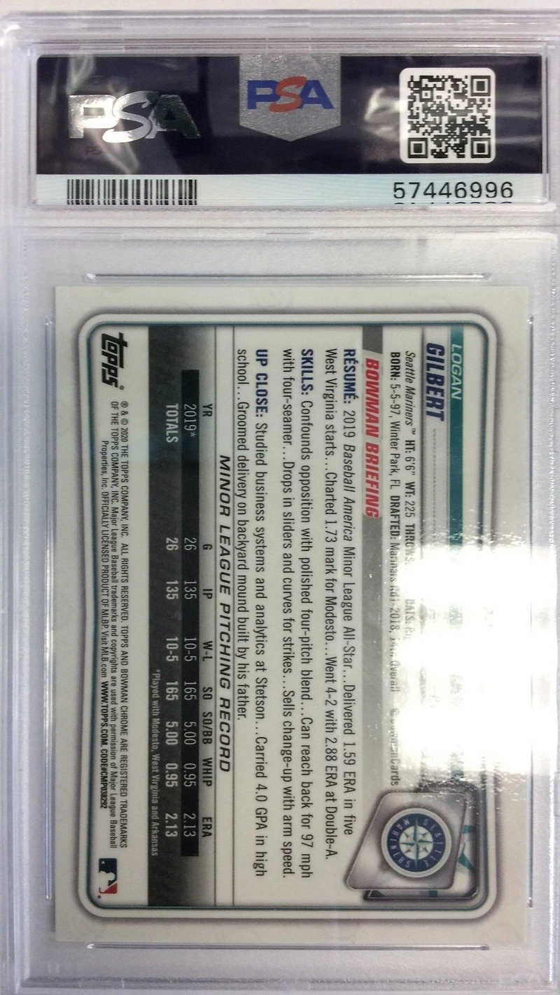 2020 Bowman Chrome Prospects Bcp58 Logan Gilbert PSA 9